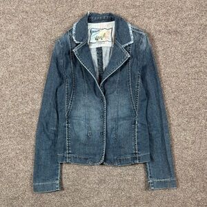 Y2K Blue Asphalt Denim Blazer Jean Jacket Women’s S Frayed Edges Snap Closure